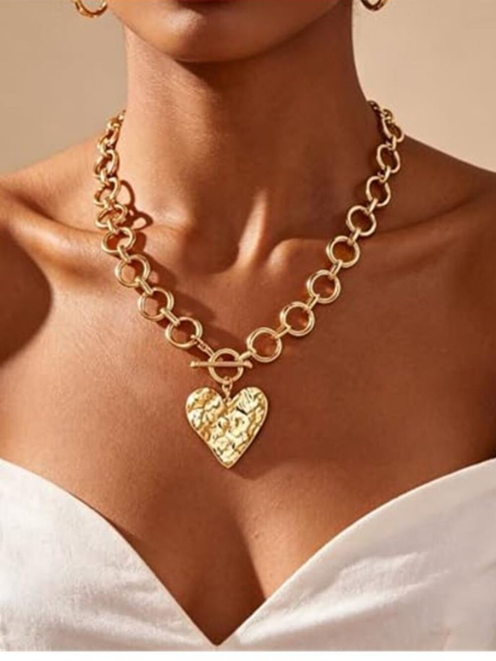 Chunky Gold Statement Necklace Hammered Hollow Square Pendant Toggle Chain